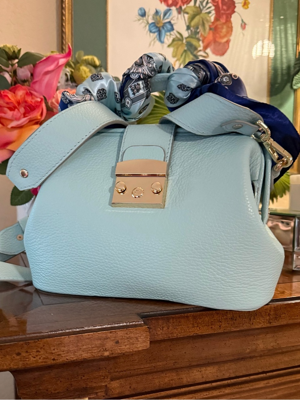 European handcrafted Soft Pebbled Leather Shoulder Bag in Light Blue.